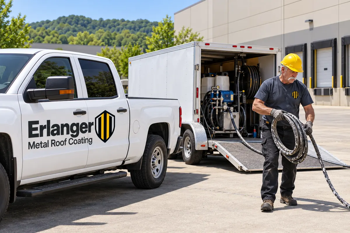 Roofer coiling spray hose beside a coating rig trailer at a loading dock