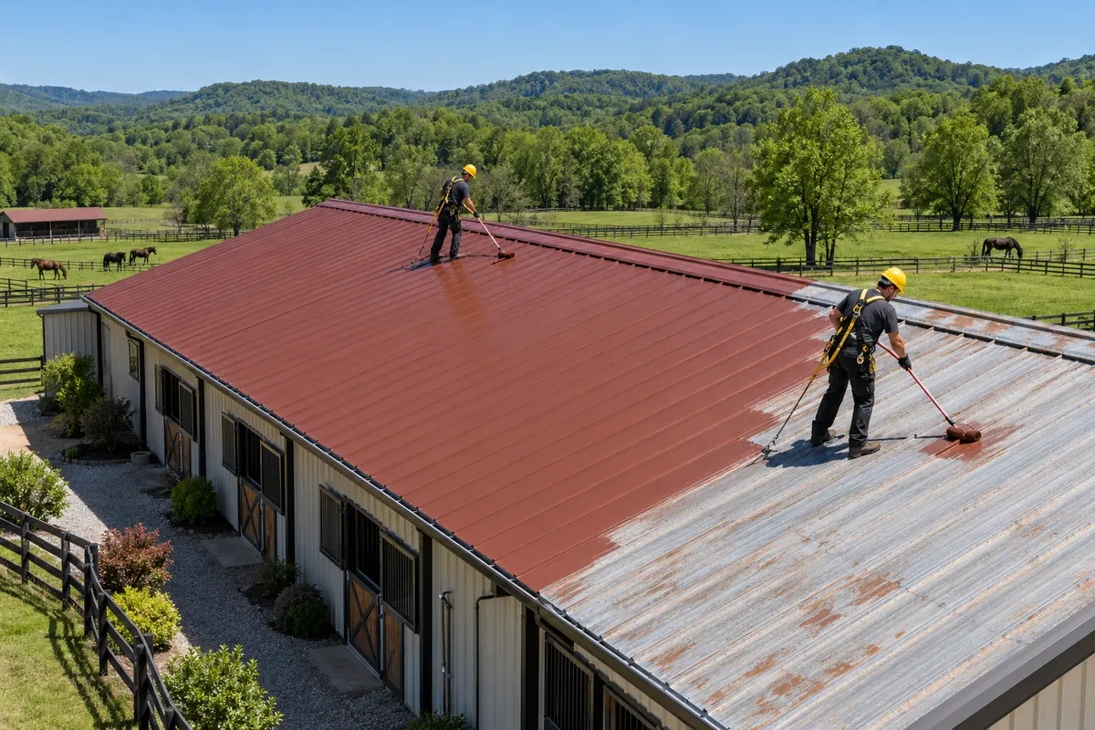 Crew coating a rusted metal barn roof with red coating in long passes