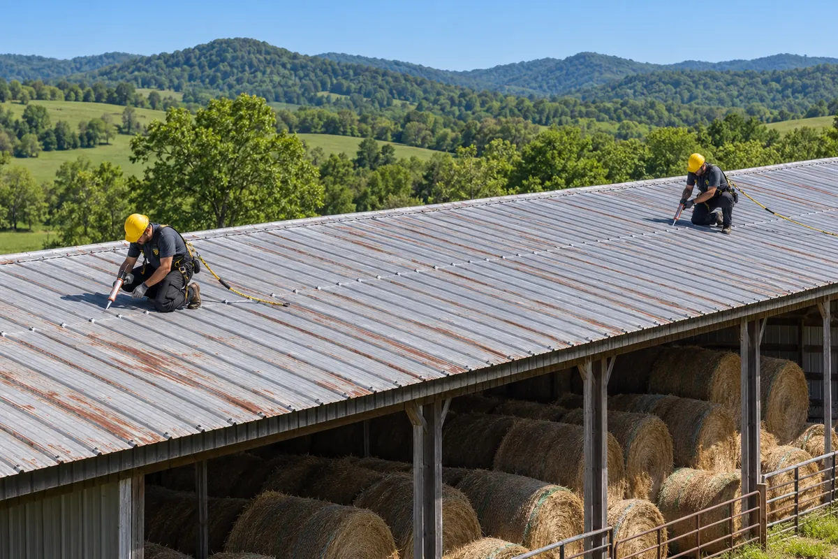 Roofers sealing seams on a long metal roof over a hay storage building