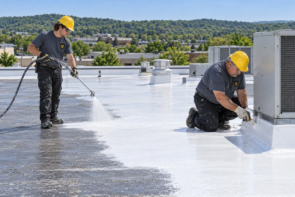 Roofer spraying silicone while another seals the base of a rooftop unit