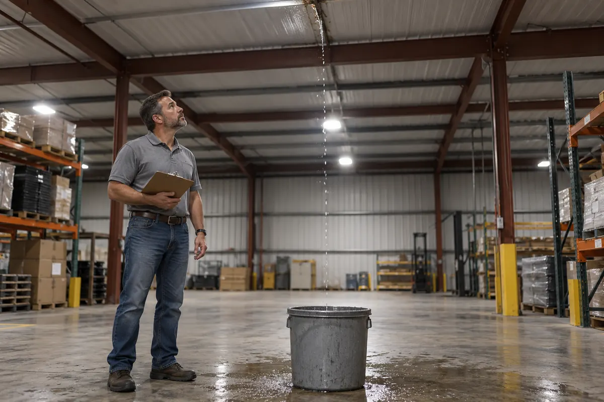 Building manager looking up at a roof leak dripping into a bucket in a warehouse