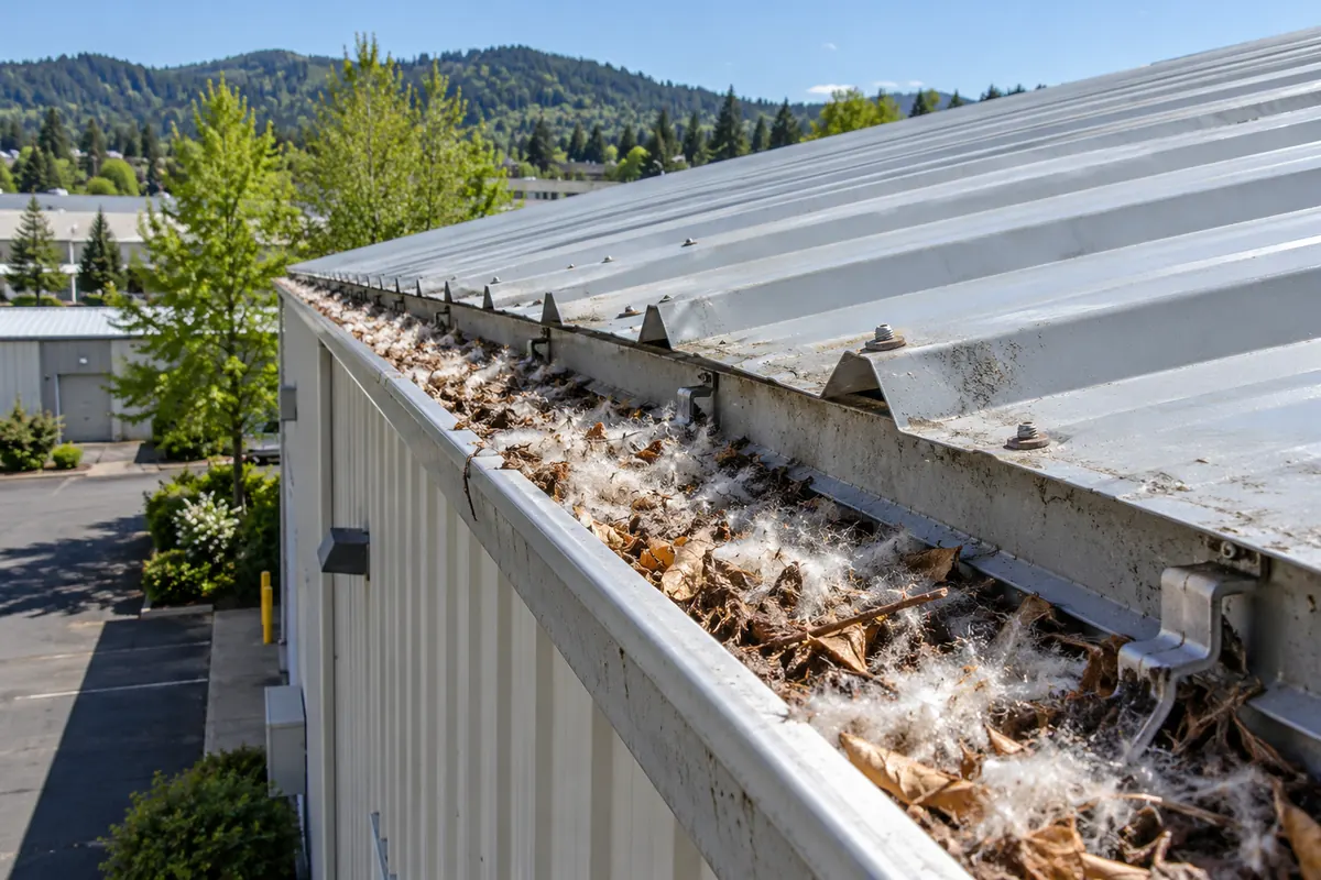 Gutter on a metal building packed with leaves and seed fluff