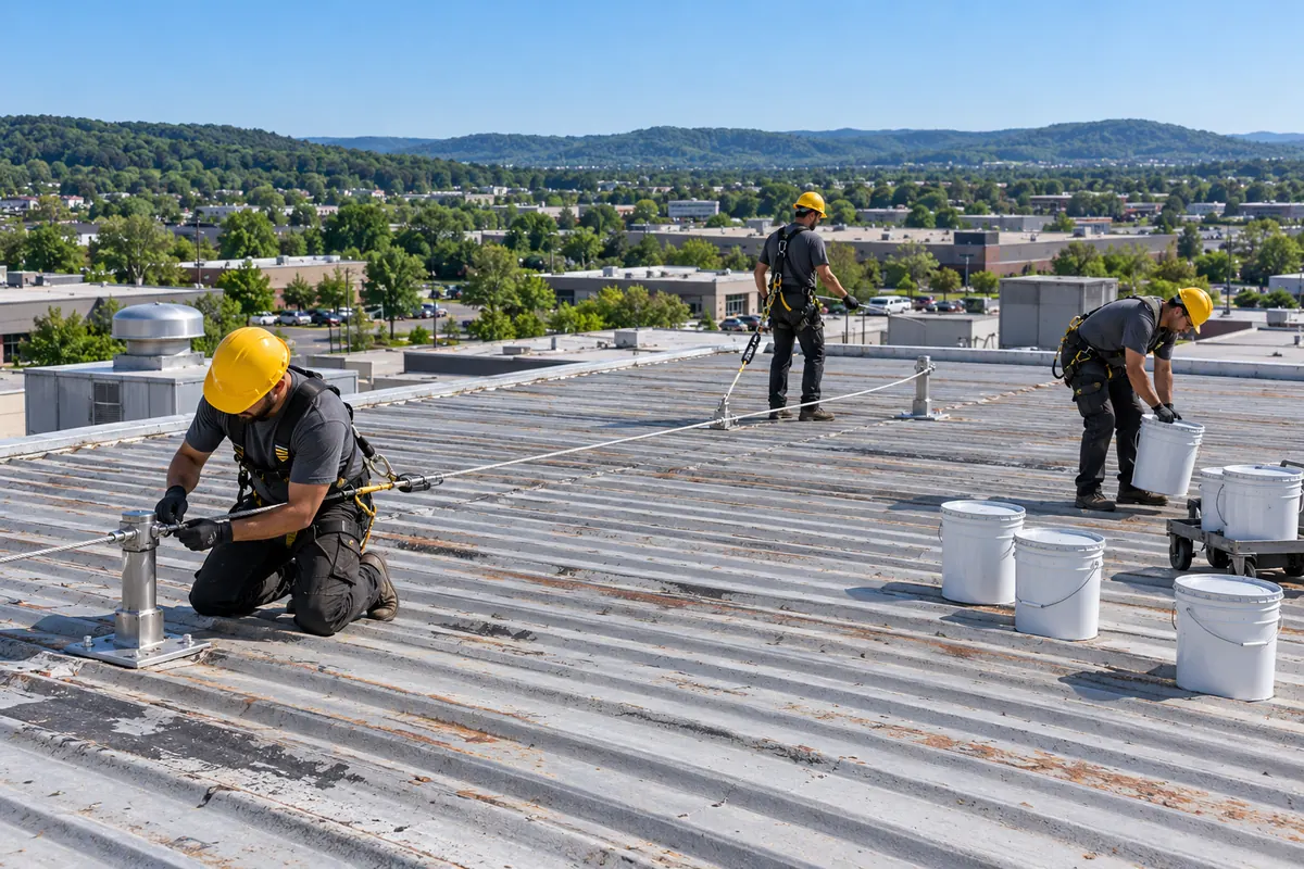 Roofers sealing fasteners and pipe boots with pails of coating staged on a metal roof