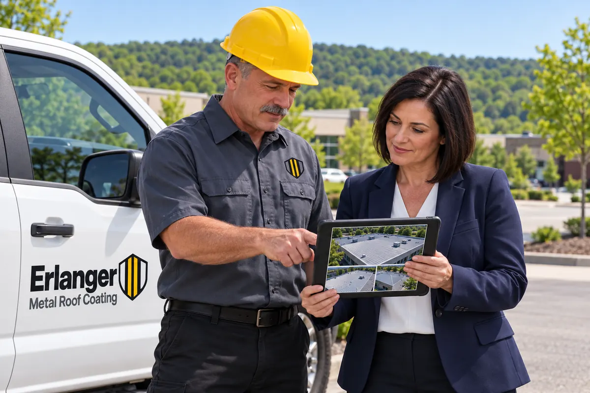 Roofer showing a property manager roof photos on a tablet beside a work truck